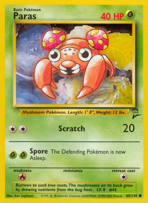Paras Pokémon card from Base Set 2, number 85 (Unlimited print)