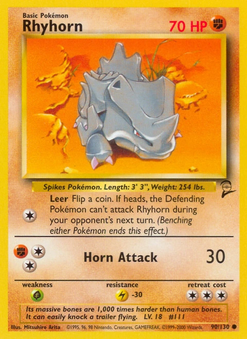 Rhyhorn Pokémon card from Base Set 2, number 90 (Unlimited print)