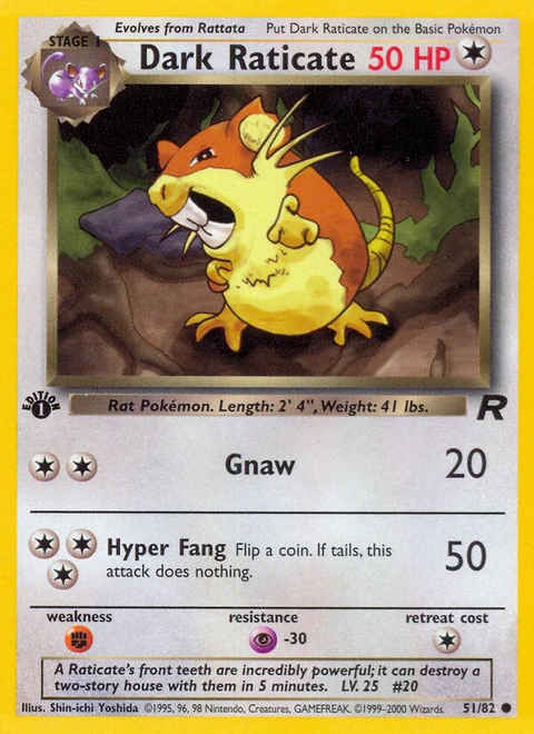 Dark Raticate Pokémon card from Team Rocket, number 51 (1st Edition print)