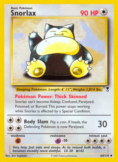 Snorlax Pokémon card from Legendary Collection, number 64 (Unlimited print)