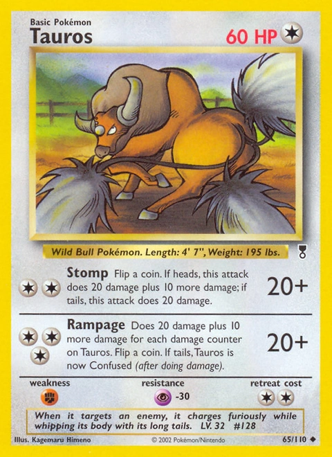 Tauros Pokémon card from Legendary Collection, number 65 (Unlimited print)