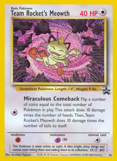 Team Rocket's Meowth Pokémon card from Wizards Black Star Promos, number 18 (Promo print)