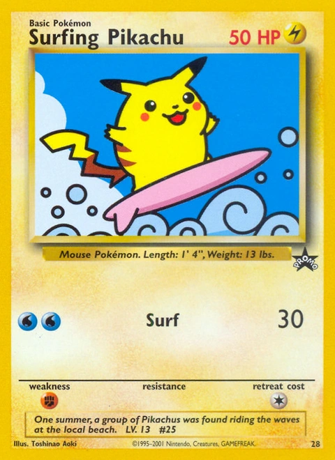 Surfing Pikachu Pokémon card from Wizards Black Star Promos, number 28 (Promo print)