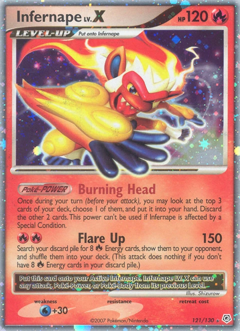 Infernape LV.X Pokémon card from Diamond & Pearl, number 121 (Holo print)