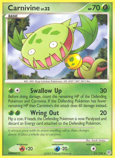 Carnivine Pokémon card from Diamond & Pearl, number 21 (Standard print)