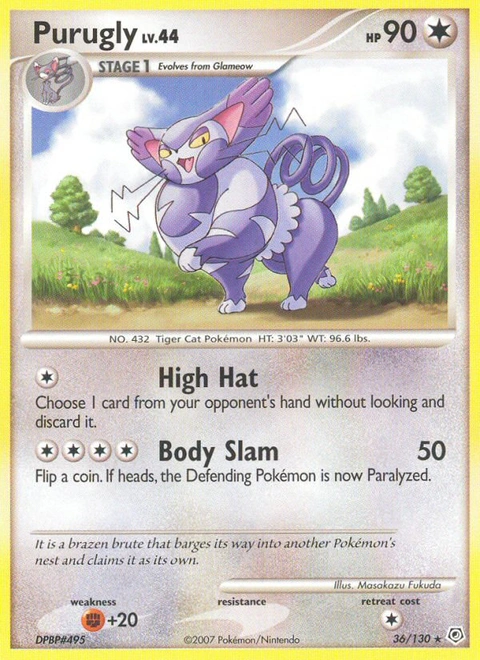 Purugly Pokémon card from Diamond & Pearl, number 36 (Standard print)