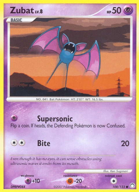 Zubat Pokémon card from Mysterious Treasures, number 108 (Standard print)