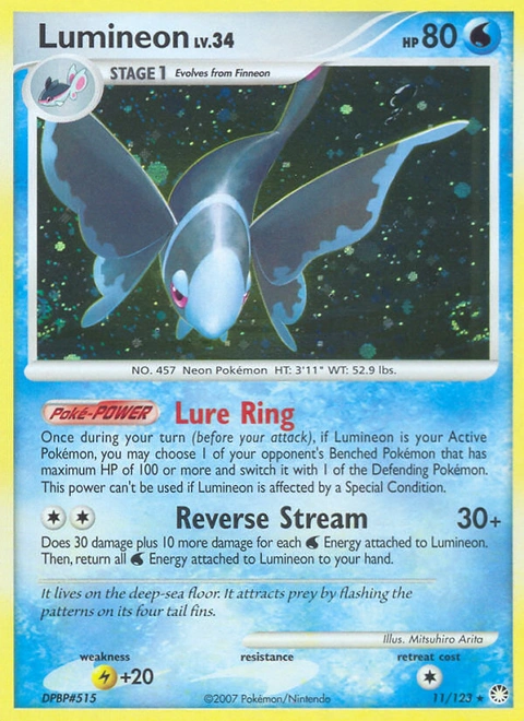 Lumineon Pokémon card from Mysterious Treasures, number 11 (Holo print)