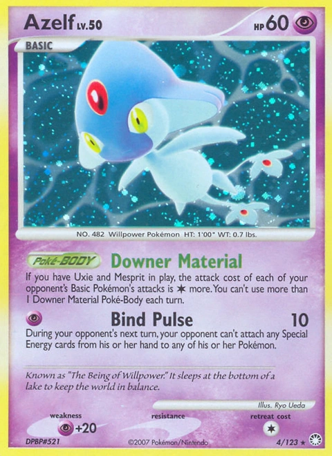 Azelf Pokémon card from Mysterious Treasures, number 4 (Holo print)