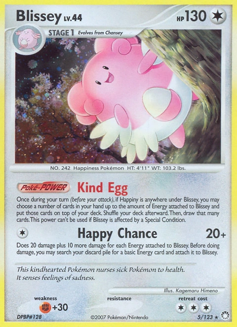 Blissey Pokémon card from Mysterious Treasures, number 5 (Holo print)