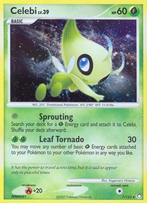 Celebi Pokémon card from Mysterious Treasures, number 7 (Holo print)