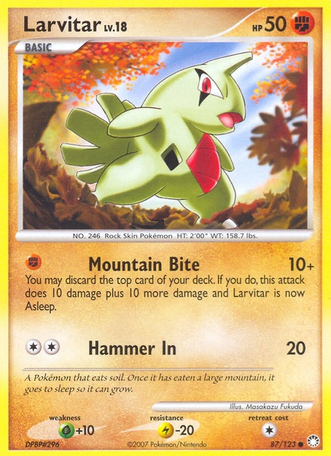 Larvitar Pokémon card from Mysterious Treasures, number 87 (Standard print)