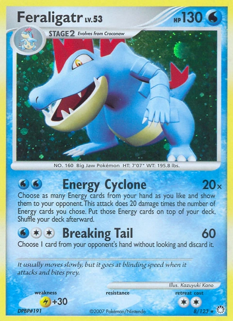 Feraligatr Pokémon card from Mysterious Treasures, number 8 (Holo print)