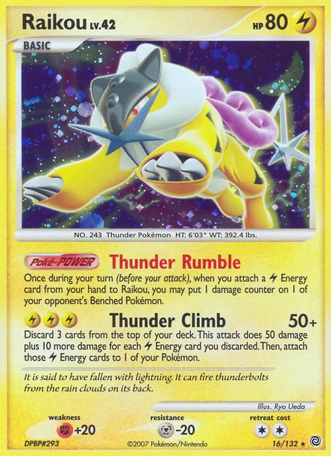Raikou Pokémon card from Secret Wonders, number 16 (Holo print)