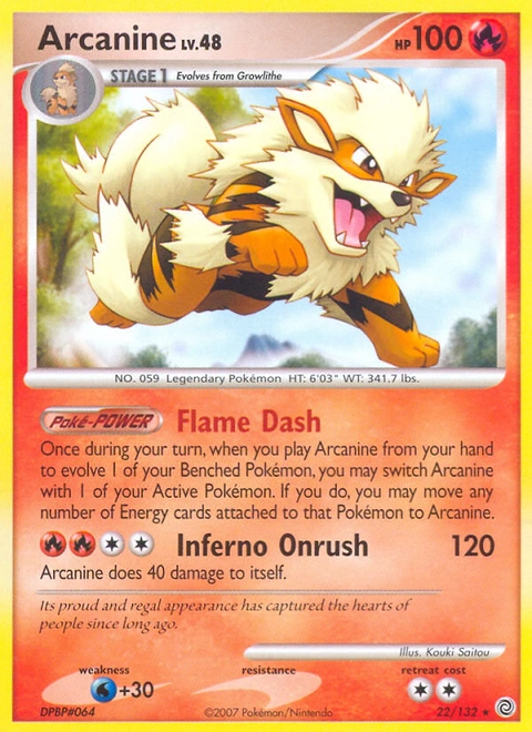 Arcanine Pokémon card from Secret Wonders, number 22 (Standard print)