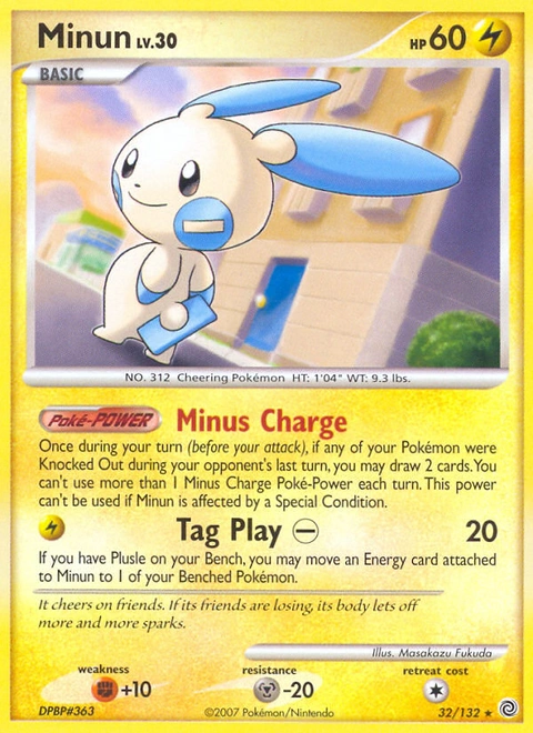 Minun Pokémon card from Secret Wonders, number 32 (Standard print)