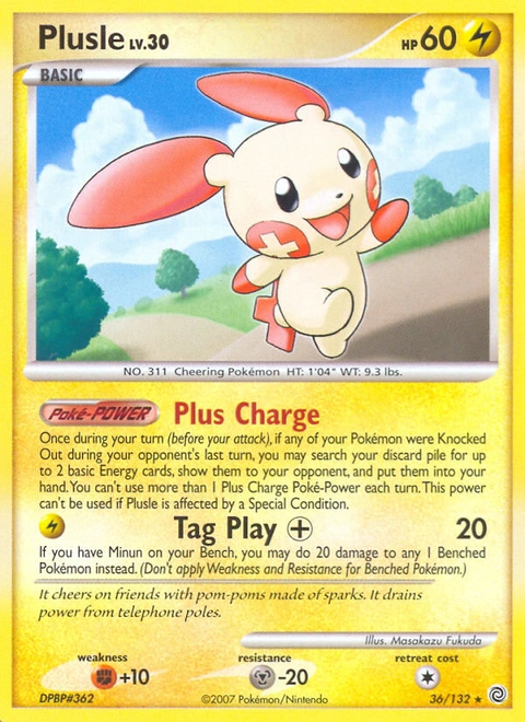 Plusle Pokémon card from Secret Wonders, number 36 (Standard print)