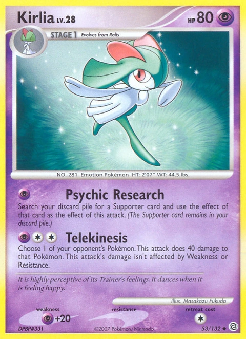 Kirlia Pokémon card from Secret Wonders, number 53 (Standard print)