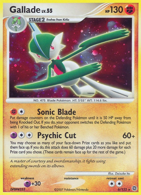 Gallade Pokémon card from Secret Wonders, number 6 (Holo print)