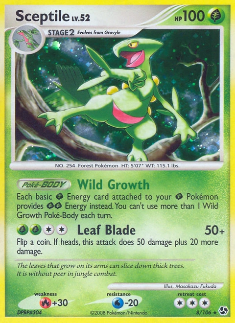 Sceptile Pokémon card from Great Encounters, number 8 (Holo print)