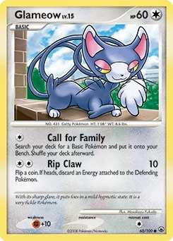 Glameow Pokémon card, number 65