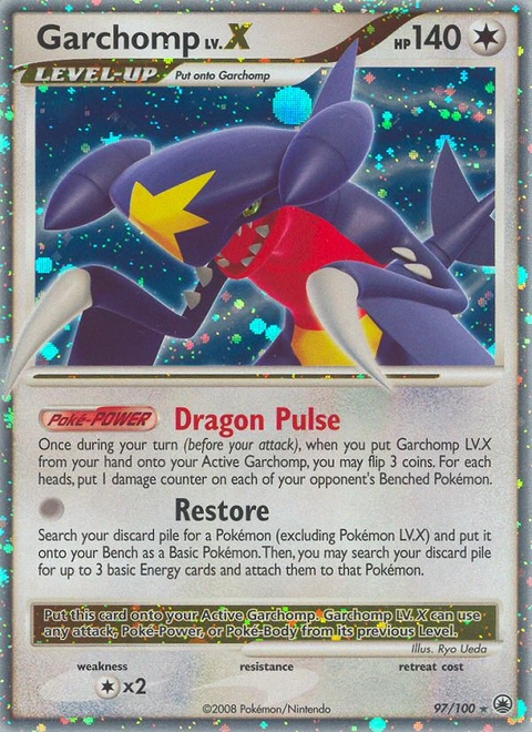 Garchomp LV.X Pokémon card from Majestic Dawn, number 97 (Holo print)