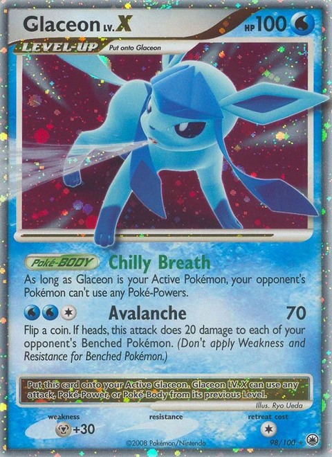 Glaceon LV.X Pokémon card from Majestic Dawn, number 98 (Holo print)