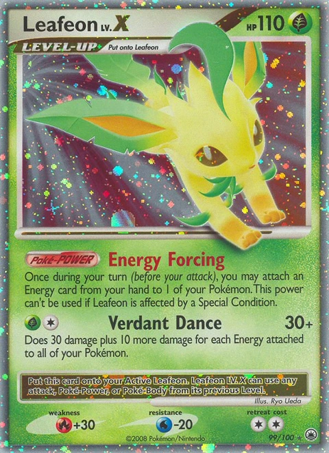 Leafeon LV.X Pokémon card from Majestic Dawn, number 99 (Holo print)