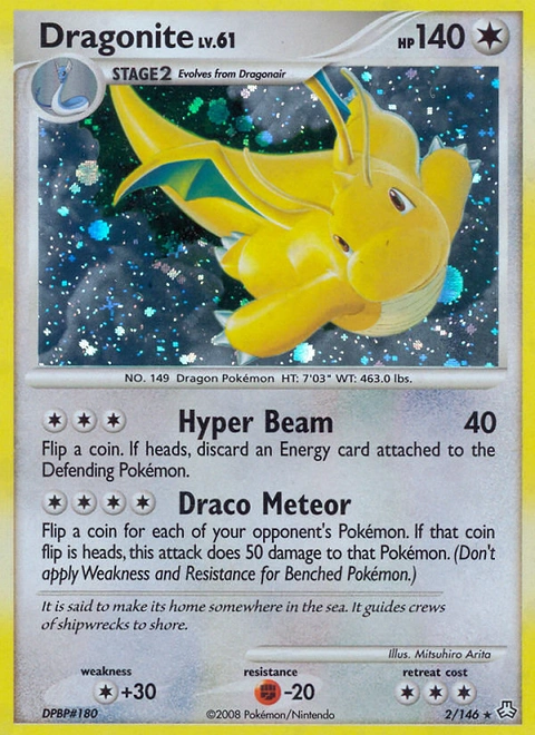 Dragonite Pokémon card from Legends Awakened, number 2 (Holo print)