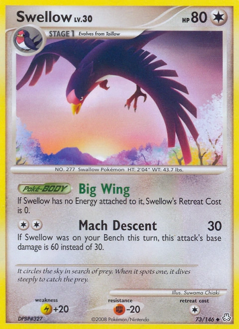 Swellow Pokémon card from Legends Awakened, number 73 (Standard print)