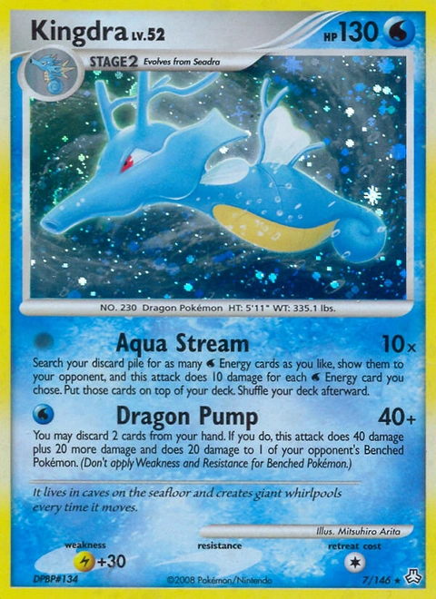 Kingdra Pokémon card from Legends Awakened, number 7 (Holo print)