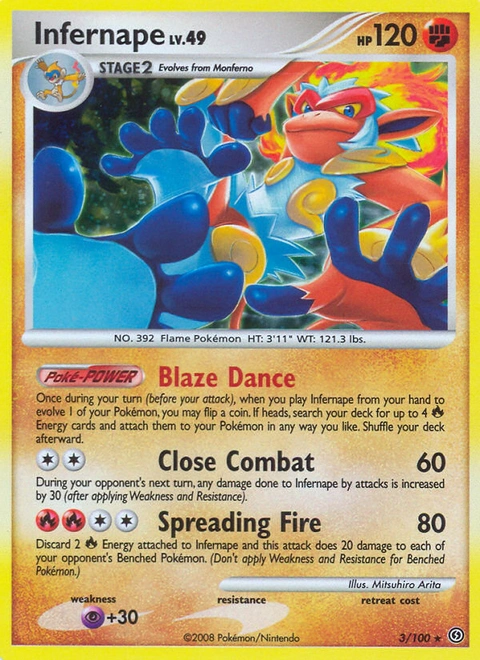 Infernape Pokémon card from Stormfront, number 3 (Holo print)