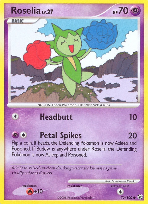 Roselia Pokémon card from Stormfront, number 72 (Standard print)