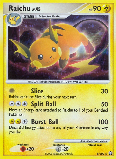 Raichu Pokémon card from Stormfront, number 8 (Holo print)