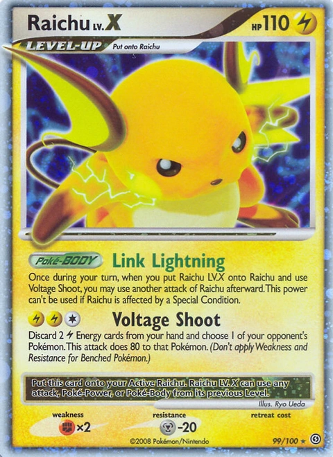 Raichu LV.X Pokémon card from Stormfront, number 99 (Holo print)