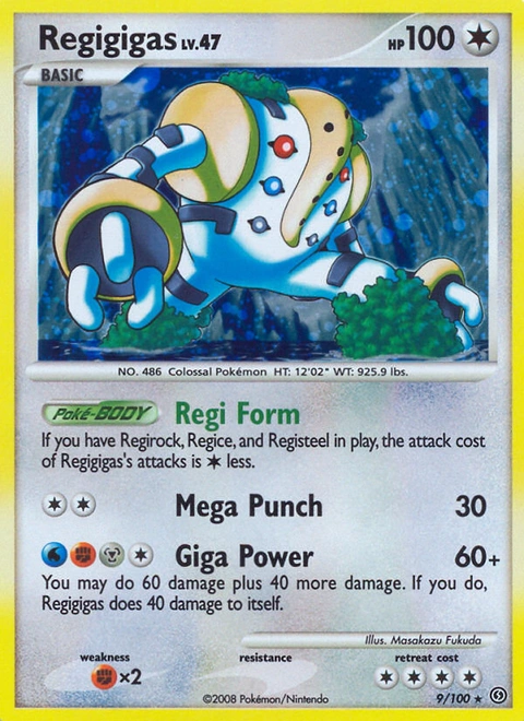 Regigigas Pokémon card from Stormfront, number 9 (Holo print)