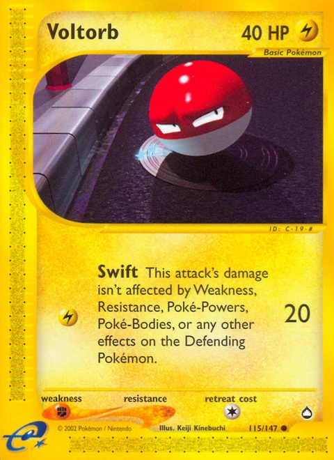 Voltorb Pokémon card from Aquapolis, number 115 (Standard print)