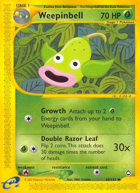 Weepinbell Pokémon card from Aquapolis, number 65 (Standard print)