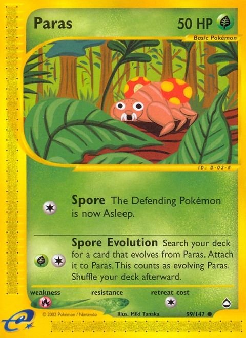 Paras Pokémon card from Aquapolis, number 99 (Standard print)