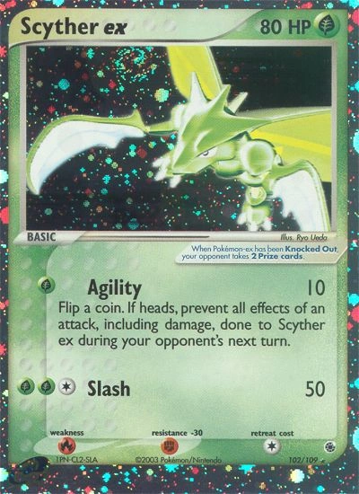 Scyther ex Pokémon card from Ruby & Sapphire, number 102 (Holo print)