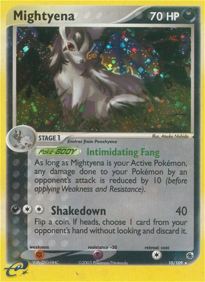 Mightyena Pokémon card from Ruby & Sapphire, number 10 (Holo print)