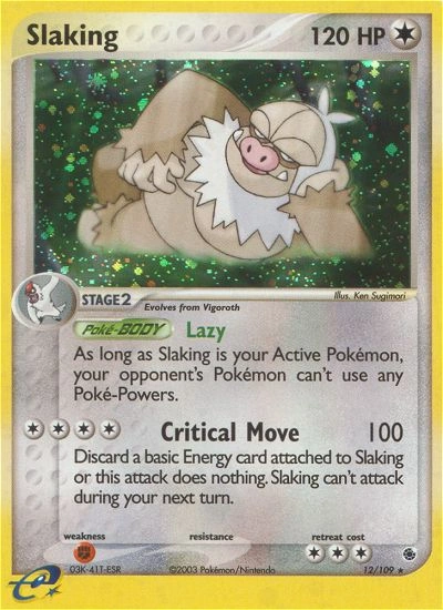Slaking Pokémon card from Ruby & Sapphire, number 12 (Holo print)