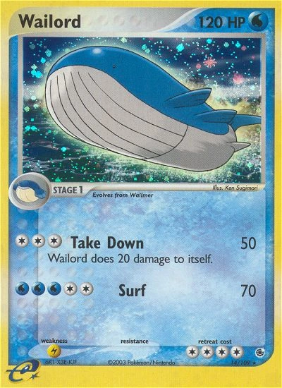 Wailord Pokémon card from Ruby & Sapphire, number 14 (Holo print)