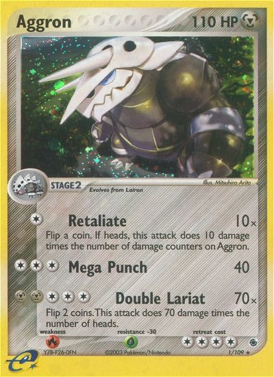 Aggron Pokémon card from Ruby & Sapphire, number 1 (Holo print)