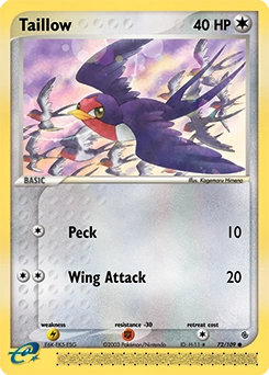 Taillow Pokémon card, number 72