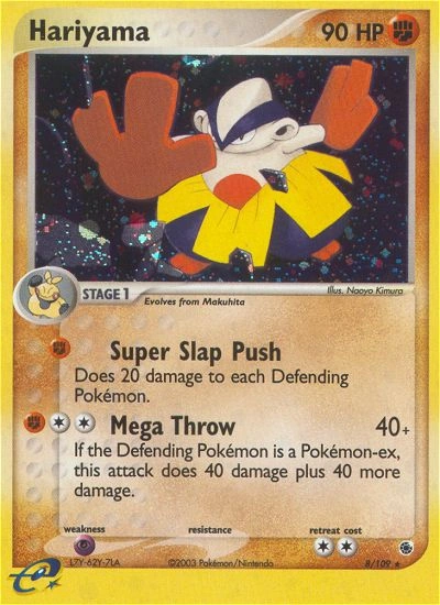 Hariyama Pokémon card from Ruby & Sapphire, number 8 (Holo print)
