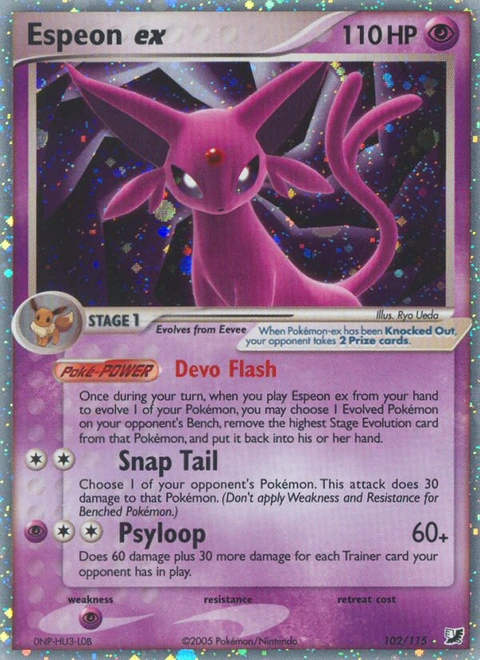 Espeon ex Pokémon card from Unseen Forces, number 102 (Holo print)