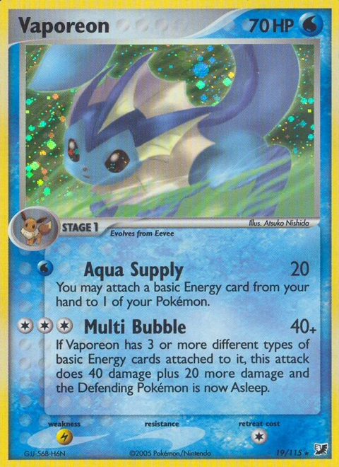 Vaporeon Pokémon card from Unseen Forces, number 19 (Holo print)