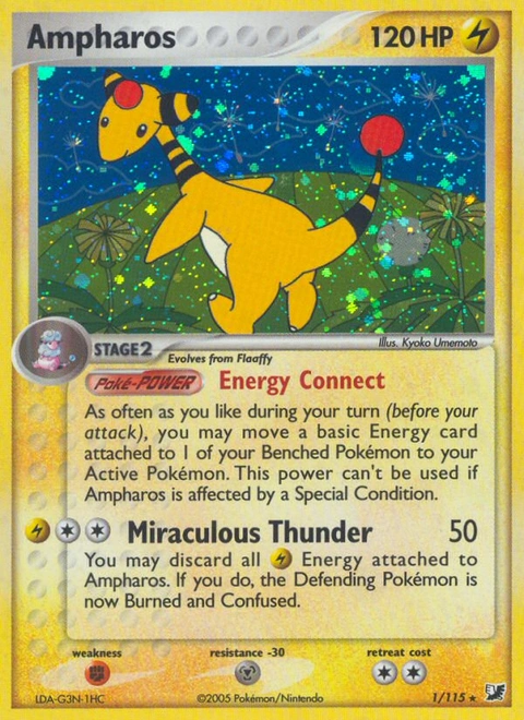 Ampharos Pokémon card from Unseen Forces, number 1 (Holo print)