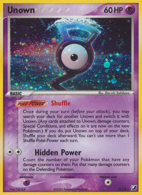 Unown Pokémon card from Unseen Forces, number G (Holo print)